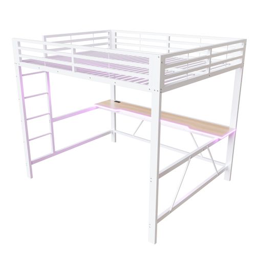 Lit Mezzanine 160x200 Cm, Bureau Et LED, Arrières De Sécurité, Métal Et Mdf, Couleur Blanc+bois