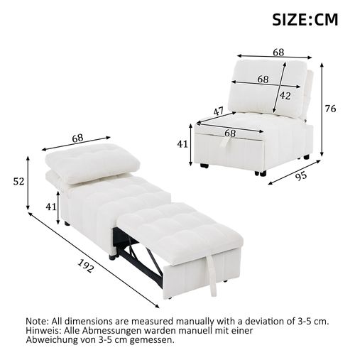 Fauteuil Convertible 192x68x52/95x68x76 Cm, Dossier Réglable, Assise Extensible, Tissu, Blanc
