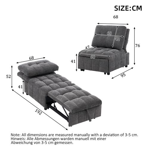 Fauteuil Convertible 192x68x52/95x68x76 Cm, Dossier Réglable, Assise Extensible, Tissu, Couleur Gris
