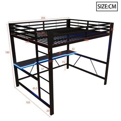 Lit Mezzanine 160x200 Cm, USB, Bureau Et LED, Barrières De Sécurité, Métal Et Mdf, Couleur Noir