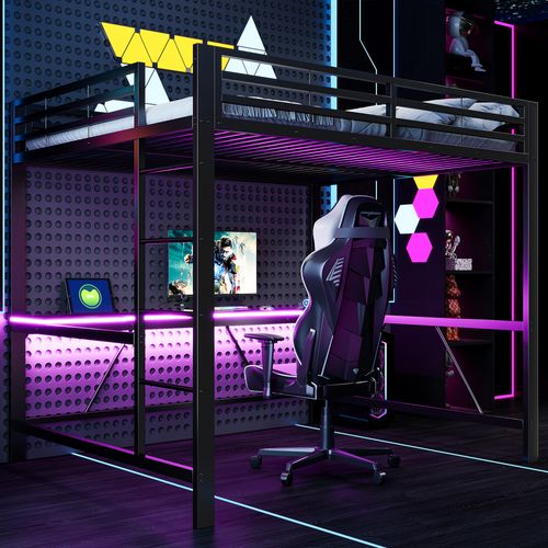 Lit Mezzanine 160x200 Cm, USB, Bureau Et LED, Barrières De Sécurité, Métal Et Mdf, Couleur Noir