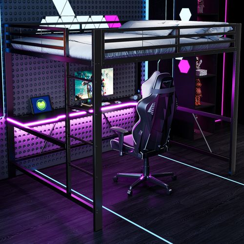 Lit Mezzanine 160x200 Cm, USB, Bureau Et LED, Barrières De Sécurité, Métal Et Mdf, Couleur Noir