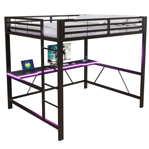 Lit Mezzanine 160x200 Cm, USB, Bureau Et LED, Barrières De Sécurité, Métal Et Mdf, Couleur Noir