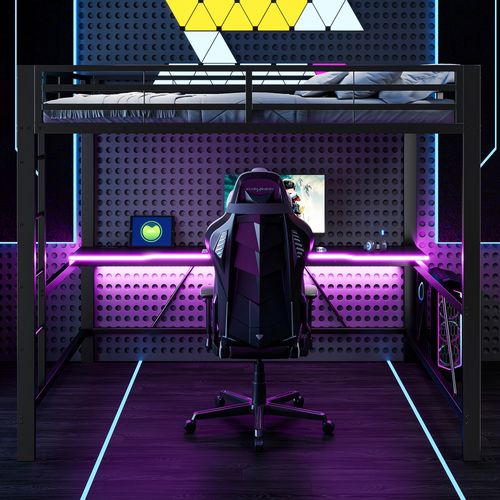 Lit Mezzanine 160x200 Cm, USB, Bureau Et LED, Barrières De Sécurité, Métal Et Mdf, Couleur Noir