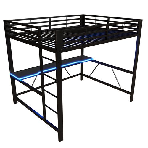 Lit Mezzanine 160x200 Cm, USB, Bureau Et LED, Barrières De Sécurité, Métal Et Mdf, Couleur Noir