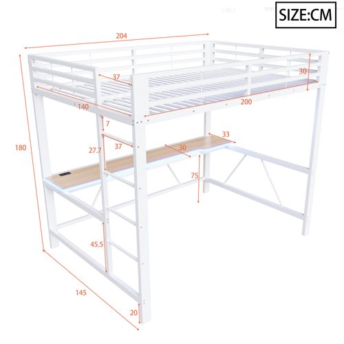 Lit Mezzanine 140x200 Cm, Bureau, Éclairage LED Et Port USB, Métal Et Mdf, Blanc