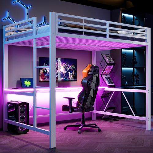 Lit Mezzanine 140x200 Cm, Bureau, Éclairage LED Et Port USB, Métal Et Mdf, Blanc