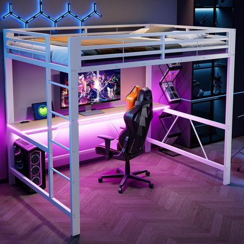 Lit Mezzanine 140x200 Cm, Bureau, Éclairage LED Et Port USB, Métal Et Mdf, Blanc