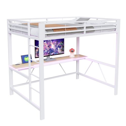 Lit Mezzanine 140x200 Cm, Bureau, Éclairage LED Et Port USB, Métal Et Mdf, Blanc