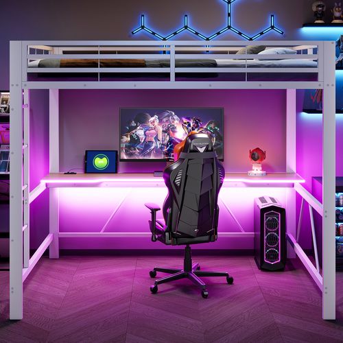 Lit Mezzanine 140x200 Cm, Bureau, Éclairage LED Et Port USB, Métal Et Mdf, Blanc