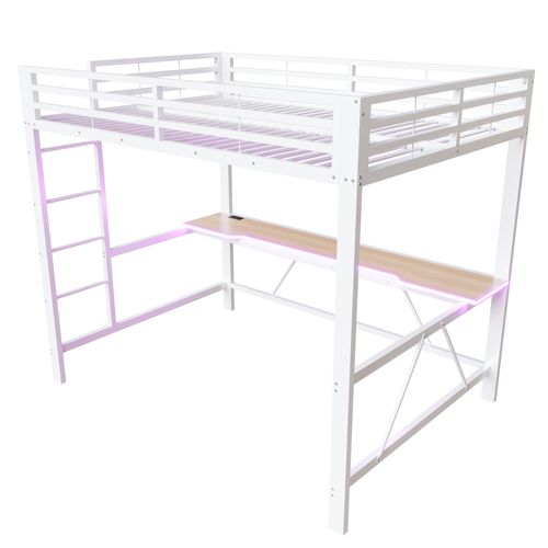 Lit Mezzanine 140x200 Cm, Bureau, Éclairage LED Et Port USB, Métal Et Mdf, Blanc