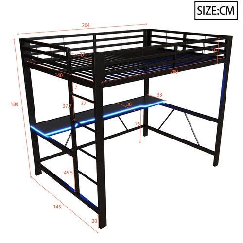 Lit Mezzanine 140x200 Cm, LED Et Bureau, Structure En Métal, Mdf, Couleur Noire