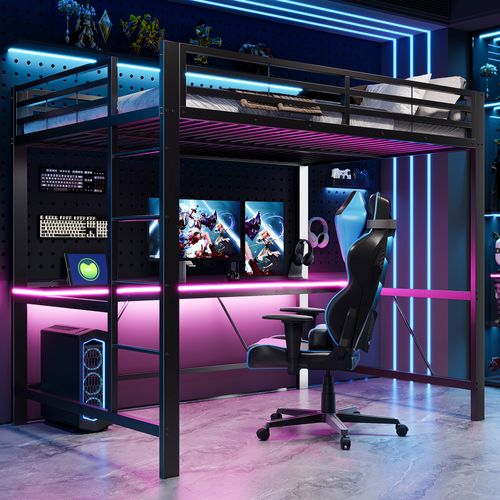 Lit Mezzanine 140x200 Cm, LED Et Bureau, Structure En Métal, Mdf, Couleur Noire