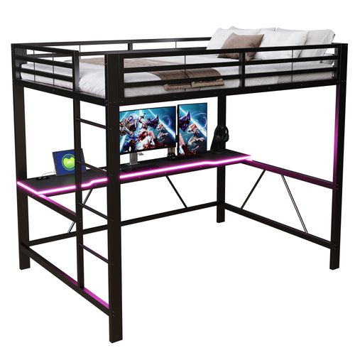 Lit Mezzanine 140x200 Cm, LED Et Bureau, Structure En Métal, Mdf, Couleur Noire