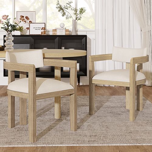 Lot De 4 Chaises Avec Accoudoirs, Tissu Lin, Style Moderne, Bois, Couleur Naturelle