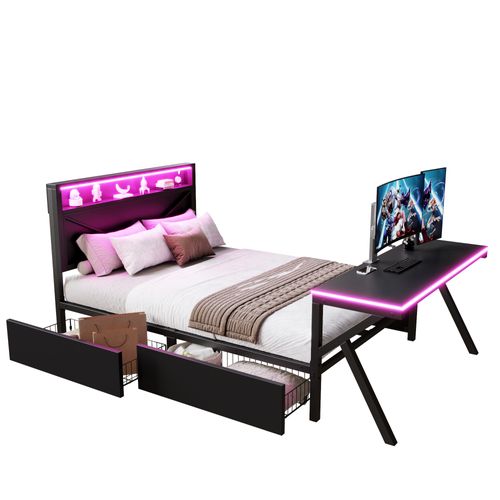 Lit Adulte 140x200 Cm, Bureau, 2 Tiroirs, 1 Niche, LED Et Prises USB, Mdf Et Métal, Couleur Noir