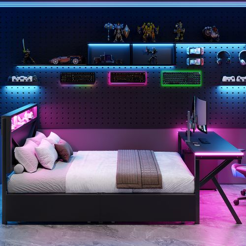 Lit Adulte 140x200 Cm, Bureau, 2 Tiroirs, 1 Niche, LED Et Prises USB, Mdf Et Métal, Couleur Noir