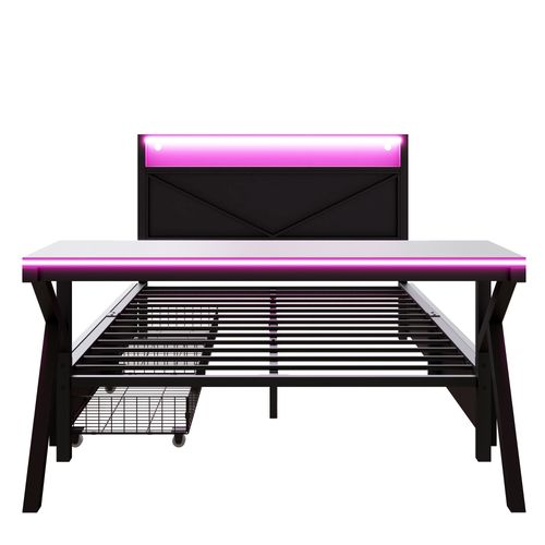 Lit Adulte 140x200 Cm, Bureau, 2 Tiroirs, 1 Niche, LED Et Prises USB, Mdf Et Métal, Couleur Noir