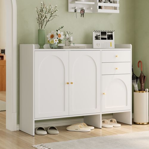 Meuble à Chaussures 120x35x90 Cm, 3 Portes, 2 Tiroirs, Rangements, Mdf, Bois, Blanc