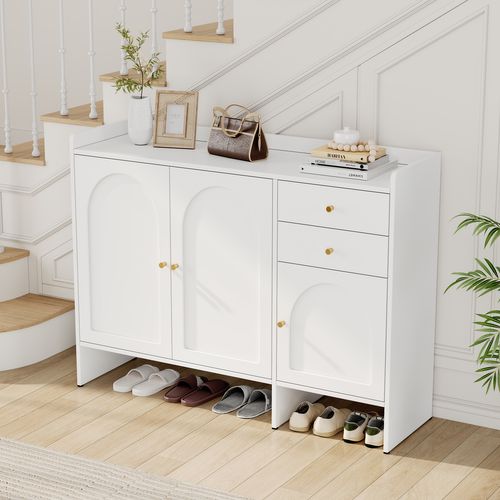 Meuble à Chaussures 120x35x90 Cm, 3 Portes, 2 Tiroirs, Rangements, Mdf, Bois, Blanc