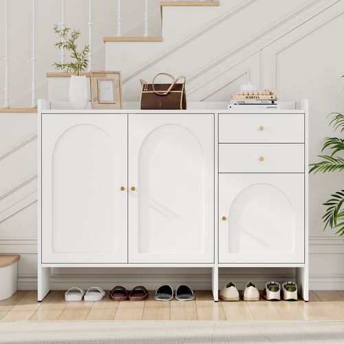 Meuble à Chaussures 120x35x90 Cm, 3 Portes, 2 Tiroirs, Rangements, Mdf, Bois, Blanc