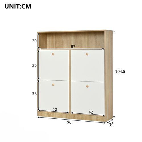 Meuble à Chaussures 90x24x104,5 Cm, 4 Portes à Bascule, 1 Niche, Panneaux De Particules, Blanc+bois