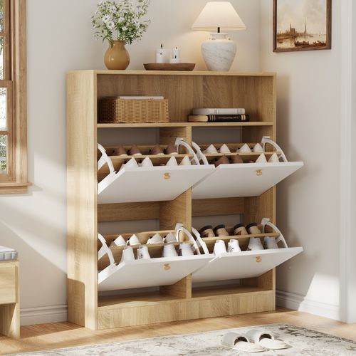 Meuble à Chaussures 90x24x104,5 Cm, 4 Portes à Bascule, 1 Niche, Panneaux De Particules, Blanc+bois