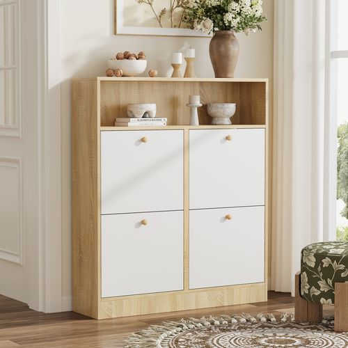 Meuble à Chaussures 90x24x104,5 Cm, 4 Portes à Bascule, 1 Niche, Panneaux De Particules, Blanc+bois