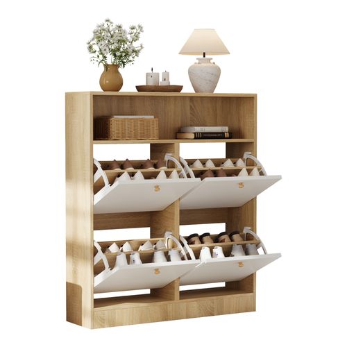 Meuble à Chaussures 90x24x104,5 Cm, 4 Portes à Bascule, 1 Niche, Panneaux De Particules, Blanc+bois