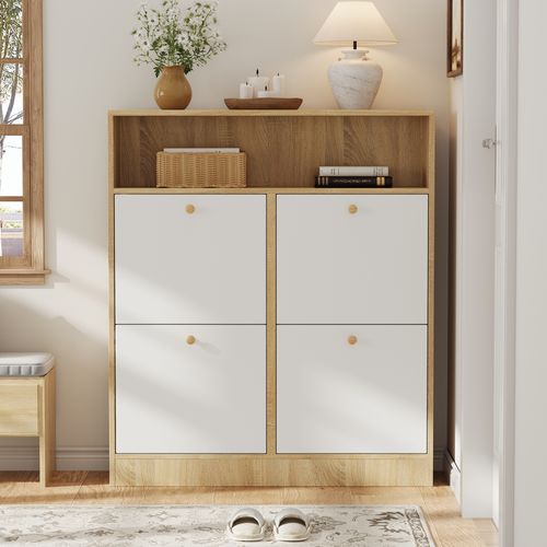 Meuble à Chaussures 90x24x104,5 Cm, 4 Portes à Bascule, 1 Niche, Panneaux De Particules, Blanc+bois