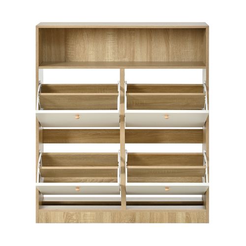 Meuble à Chaussures 90x24x104,5 Cm, 4 Portes à Bascule, 1 Niche, Panneaux De Particules, Blanc+bois