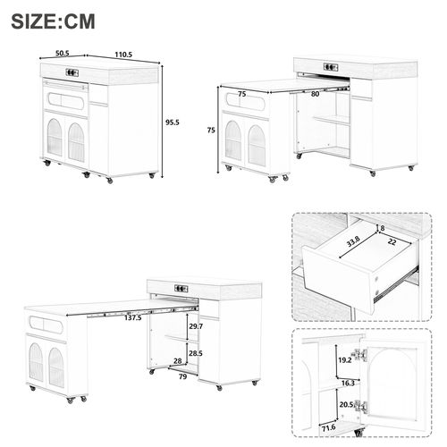 Table De Bar Extensible 110.5x50.5-187.5x95.5 Cm, 1 Tiroir, 3 Portes, Prises, Mdf, Blanc+bois
