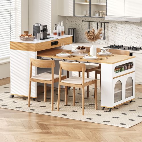 Table De Bar Extensible 110.5x50.5-187.5x95.5 Cm, 1 Tiroir, 3 Portes, Prises, Mdf, Blanc+bois