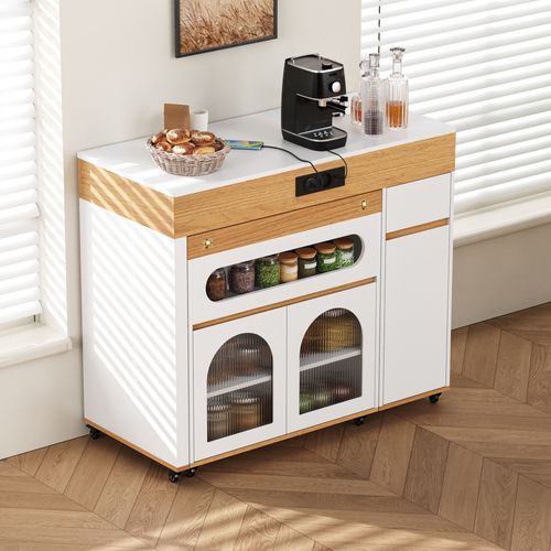 Table De Bar Extensible 110.5x50.5-187.5x95.5 Cm, 1 Tiroir, 3 Portes, Prises, Mdf, Blanc+bois