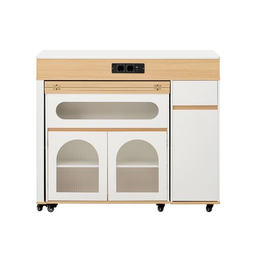 Table De Bar Extensible 110.5x50.5-187.5x95.5 Cm, 1 Tiroir, 3 Portes, Prises, Mdf, Blanc+bois