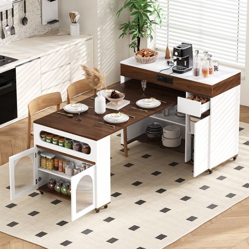 Table De Bar Extensible 110.5x50.5-187.5x95.5 Cm, 1 Tiroir, Prises, Mdf, Verre, Blanc+brun