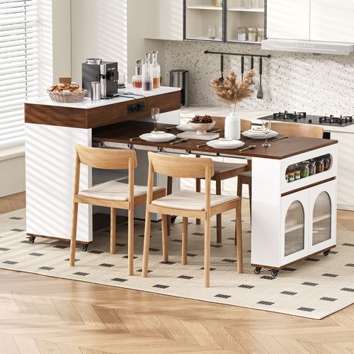 Table De Bar Extensible 110.5x50.5-187.5x95.5 Cm, 1 Tiroir, Prises, Mdf, Verre, Blanc+brun