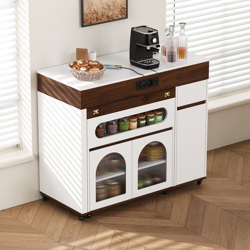 Table De Bar Extensible 110.5x50.5-187.5x95.5 Cm, 1 Tiroir, Prises, Mdf, Verre, Blanc+brun