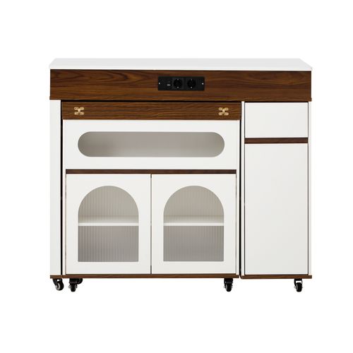 Table De Bar Extensible 110.5x50.5-187.5x95.5 Cm, 1 Tiroir, Prises, Mdf, Verre, Blanc+brun