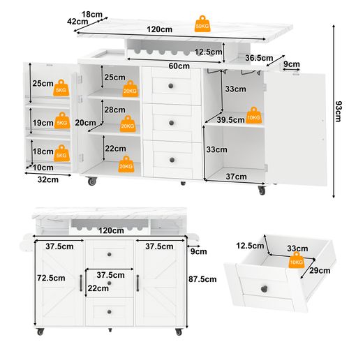 Îlot De Cuisine 120x42-60x93 Cm, Plateau Rabattable, LED, Mdf Avec Motif De Marbre En Mdf, Blanc
