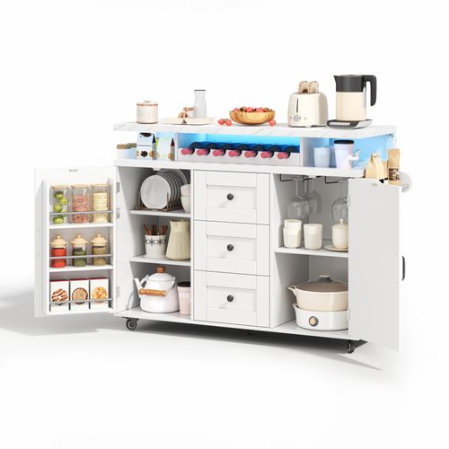 Îlot De Cuisine 120x42-60x93 Cm, Plateau Rabattable, LED, Mdf Avec Motif De Marbre En Mdf, Blanc