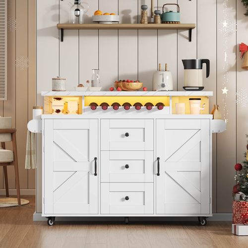 Îlot De Cuisine 120x42-60x93 Cm, Plateau Rabattable, LED, Mdf Avec Motif De Marbre En Mdf, Blanc