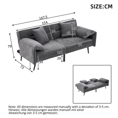 Canapé Convertible 2 Places 167,5x73x70 Cm, Dossier Réglable 100 à 180, Tissu, Métal, Couleur Gris