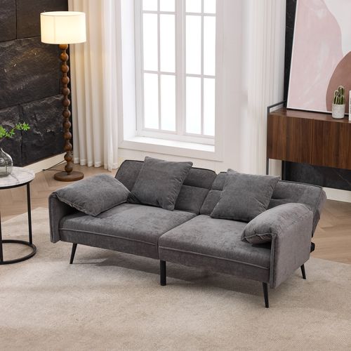 Canapé Convertible 2 Places 167,5x73x70 Cm, Dossier Réglable 100 à 180, Tissu, Métal, Couleur Gris