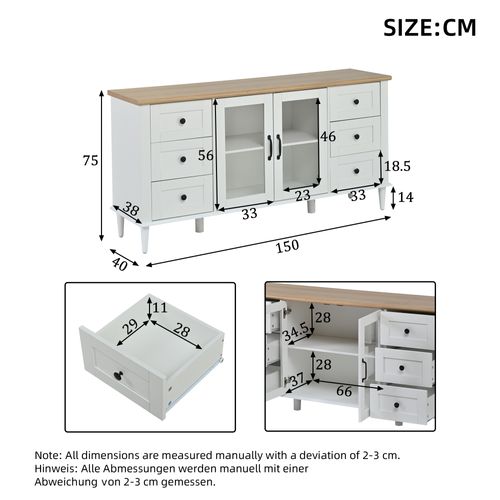 Buffet Bas 150x40x75 Cm, 6 Tiroirs, 2 Portes Acrylique, LED, Mdf, Blanc Et Bois