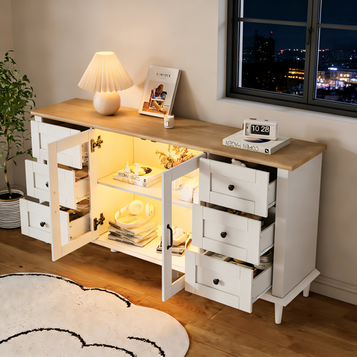 Buffet Bas 150x40x75 Cm, 6 Tiroirs, 2 Portes Acrylique, LED, Mdf, Blanc Et Bois