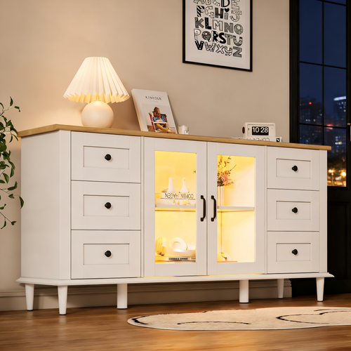 Buffet Bas 150x40x75 Cm, 6 Tiroirs, 2 Portes Acrylique, LED, Mdf, Blanc Et Bois
