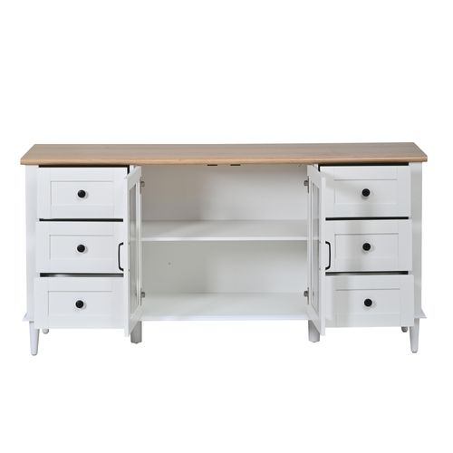 Buffet Bas 150x40x75 Cm, 6 Tiroirs, 2 Portes Acrylique, LED, Mdf, Blanc Et Bois