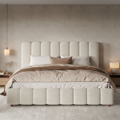 Lit Coffre 180x200 Cm, Rangement Caché, Tête De Lit, Tissu Bouclé, Pieds En Bois, Blanc