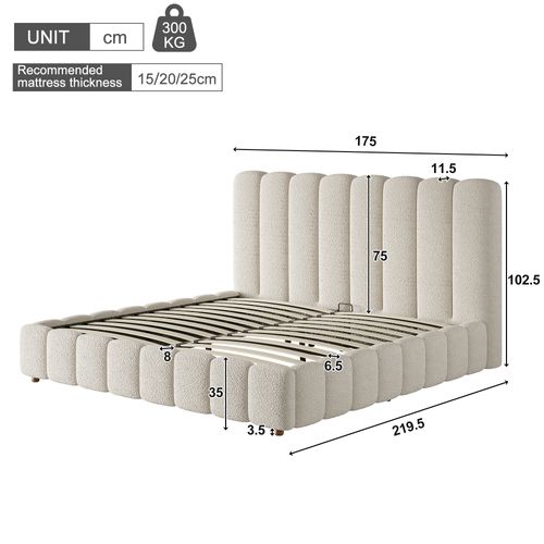 Lit Coffre 160x200 Cm, Ouverture Hydraulique, Tissu Bouclé, Pieds En Bois, Métal, Couleur Blanc